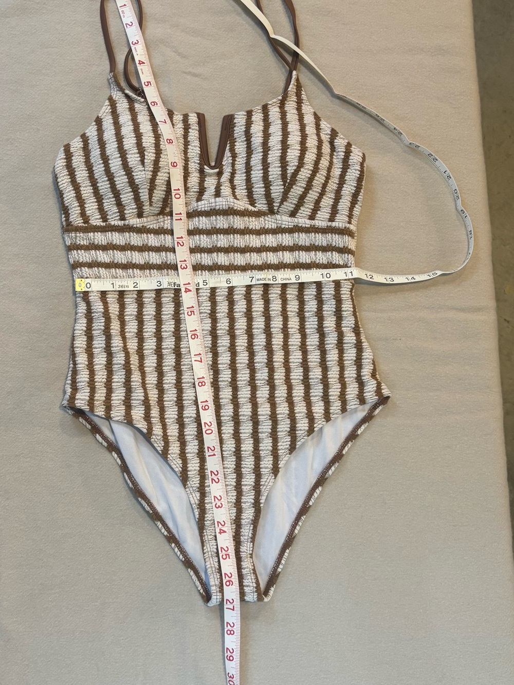 SHEIN Swim Striped Textured One-Piece Swimsuit in Cream and Brown Size M - Picture 7 of 9